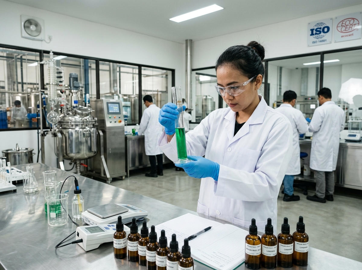 Botol-botol sampel parfum dan bahan kimia di meja laboratorium Orchid Brand.