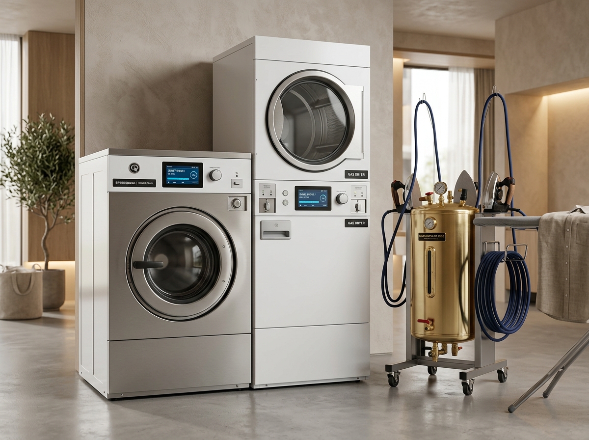 Mesin cuci front load, pengering gas, dan setrika uap untuk paket laundry komersial.