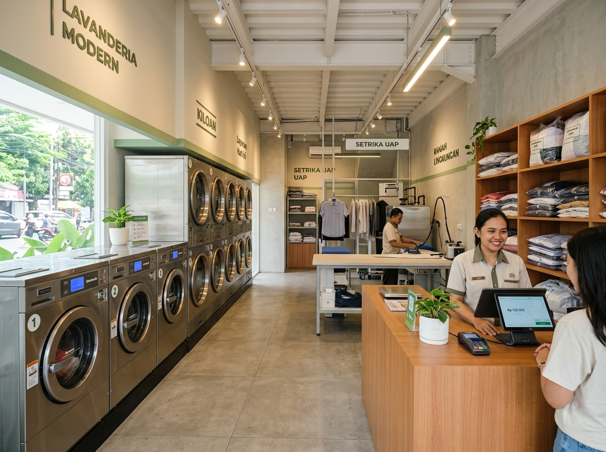 Interior outlet laundry modern dengan deretan mesin cuci komersial, meja setrika uap, dan area layanan pelanggan.